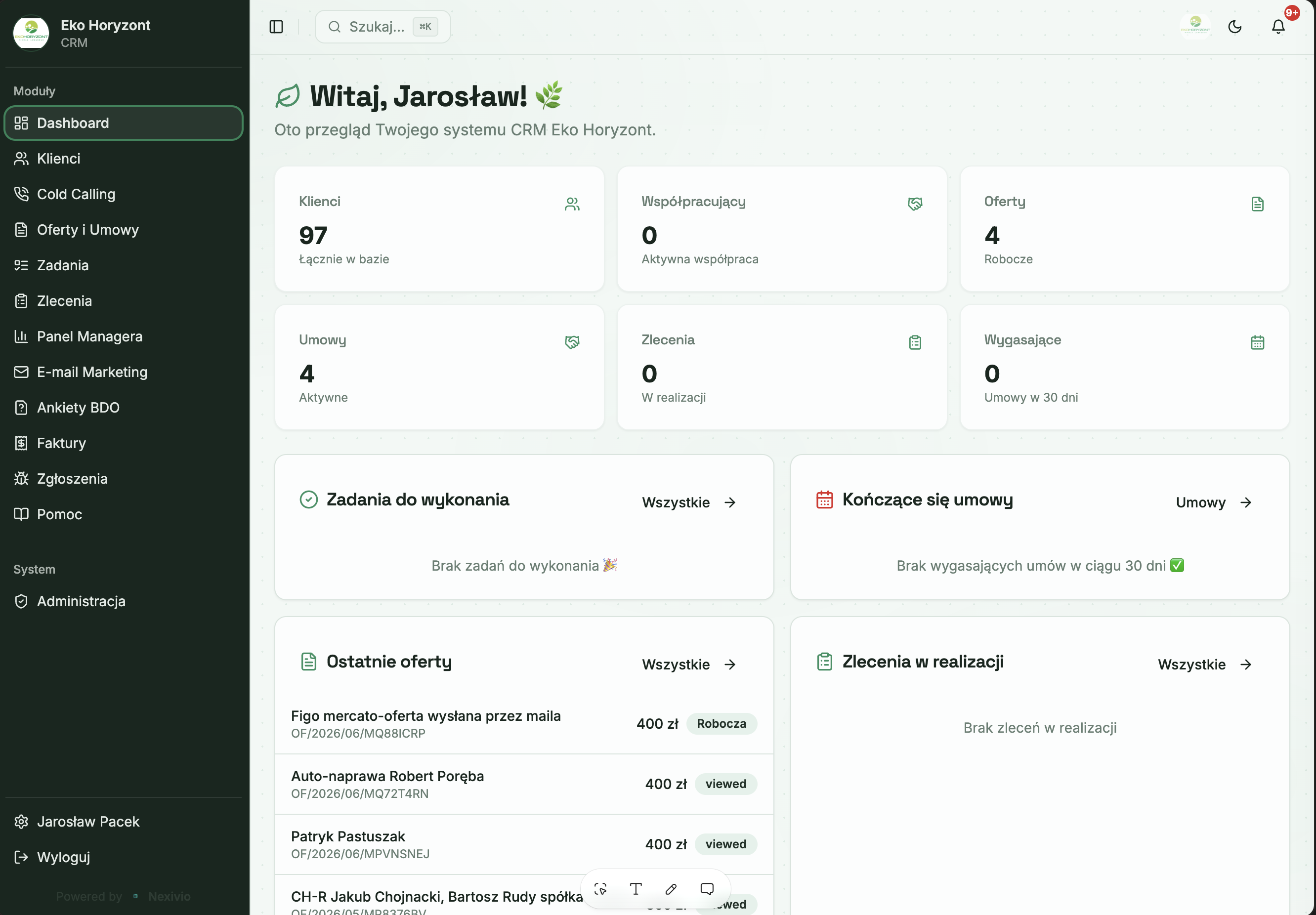 EkoHoryzont CRM — dashboard systemu